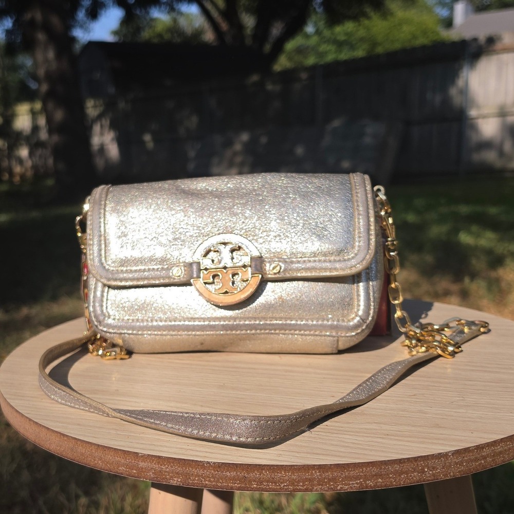 Tory Burch Metallic Gold Leather Crossbody Bag with Chain Strap Logo Hardware